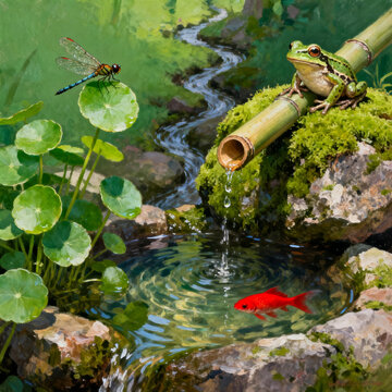 Oil Painting of Quiet Bamboo Water Pond