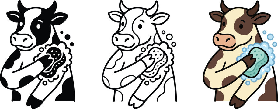 Set of three cute cartoon cows washing themselves with a sponge and soap bubbles