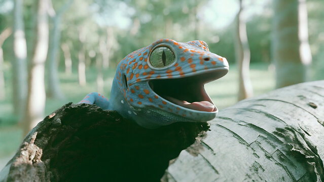 Tokay gecko with open mouth resting on a tree trunk in nature