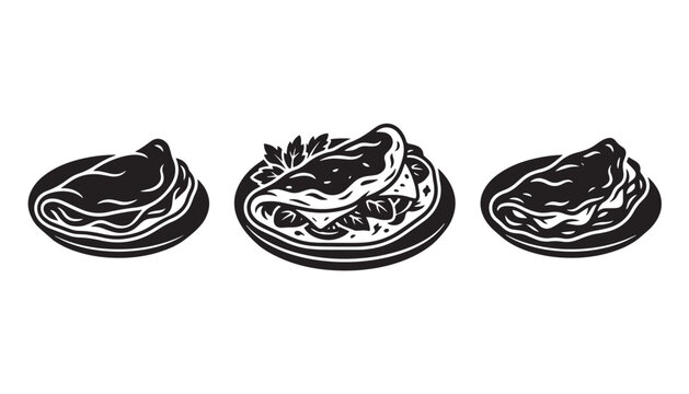 black color silhouette set of three Quesadilla vector illustration, solid white background