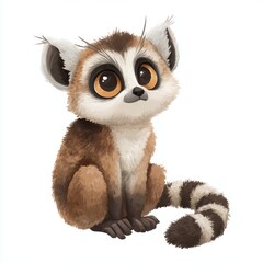 Fototapeta premium Cute Cartoon Lemur With Big Eyes Sitting On Isolated White Background Illustration Style