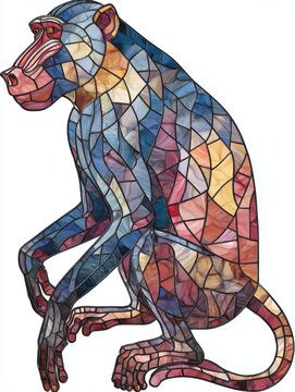 Colorful Mosaic Art Of A Sitting Mandrill Monkey With Stained Glass Texture Against White Background