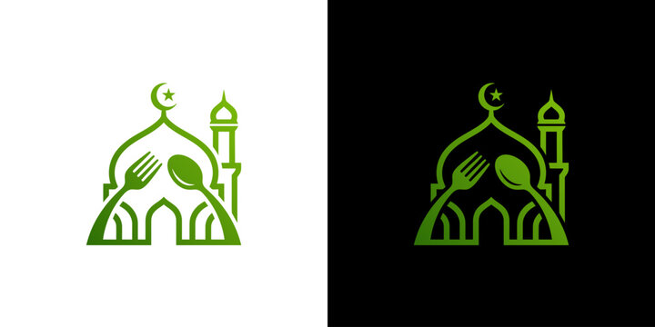 Modern Islamic Halal Food Restaurant Logo Design with Mosque Fork and Spoon