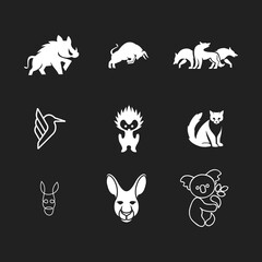 Obraz premium Minimalist Animal Silhouette and Line Art Icons Set. Collection of Wild Boar, Bull, Wolves, Hummingbird, Hedgehog, Cat, Donkey, Kangaroo, Koala Logos on Dark Background.