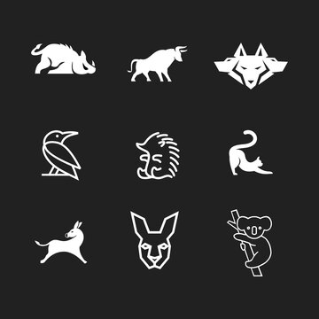Minimalist Animal Logos and Vector Icons Collection. Includes wild boar, bull, three-headed wolf, raven, hedgehog, cat, donkey, kangaroo, and koala designs on dark background for branding.