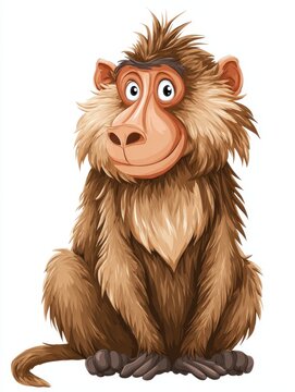 Cute Brown Baboon Sitting Isolated On White Background Cartoon Illustration