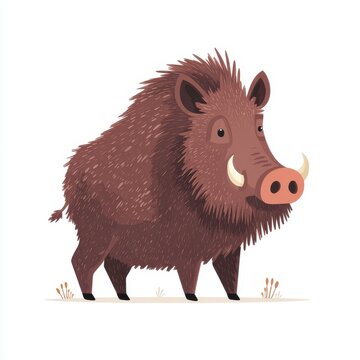 Cute Brown Wild Boar Character Illustration On A Minimalist Clean White Background For Kids Design