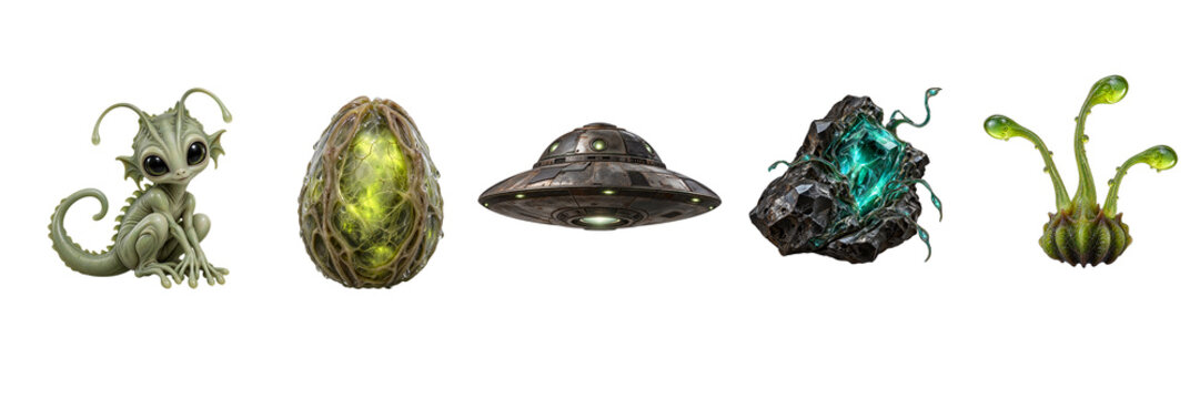Collection of five alien-themed fantasy objects on white background