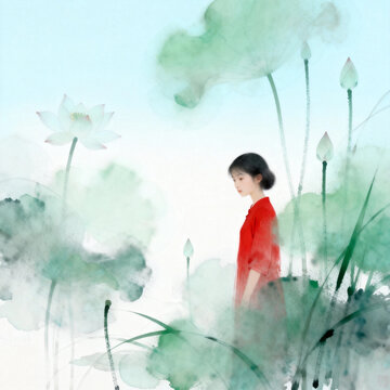 Chinese Ink Art of Lady in Red Among Lotus