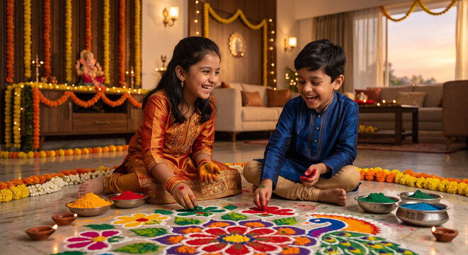 Diwali celebration, siblings decorating with rangoli
