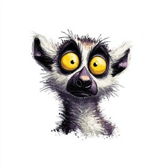Fototapeta premium Cute Ring Tailed Lemur Portrait With Big Yellow Eyes Isolated On A Clean White Background