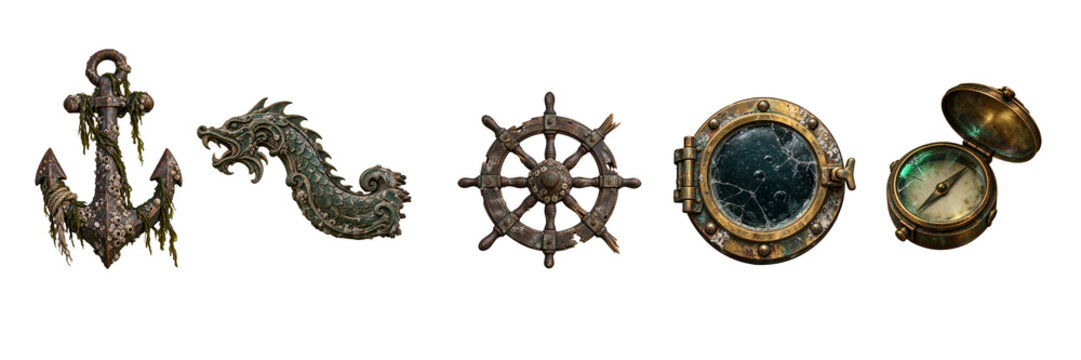 Set of weathered nautical items including anchor, dragon figurehead, wheel, porthole, and compass