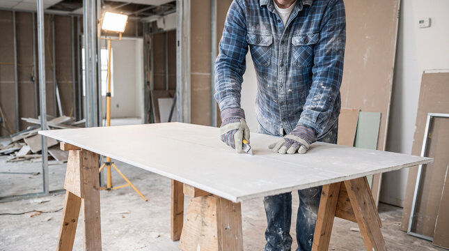 Construction worker installing drywall in office renovation  