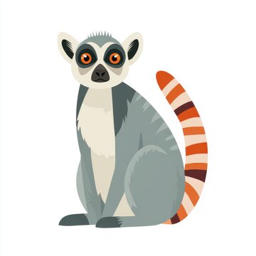 Cute Cartoon Ring Tailed Lemur Vector Illustration With Orange Eyes On Plain White Background