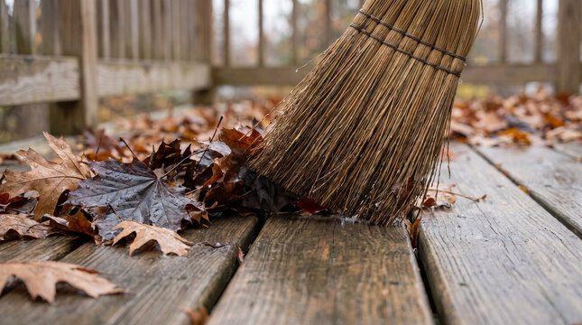 Sweeping leaves off deck with a broom in autumn setting  