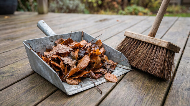 Sweeping leaves off deck with broom and dustpan in autumn  