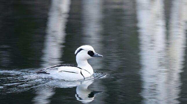 A smew duck with black and white plumage swimming on a calm dark pond swimming wildlife feathers waterfowl reflexion floating portrait outdoors creature ornithology contrast