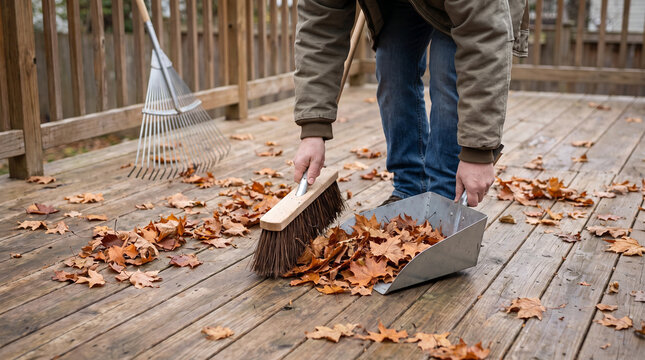 Man sweeping leaves off deck with broom and pan in autumn  