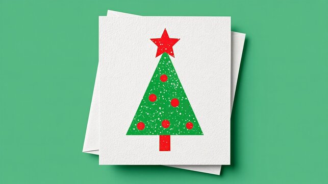 Minimalist Christmas Tree Greeting Card with Red Star and Ornaments on Green Background