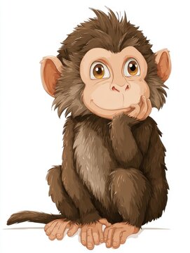 Cute Little Brown Monkey Illustration Sitting Thoughtfully On A Clean White Background