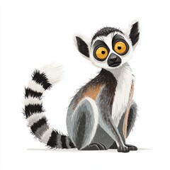 Fototapeta premium Cute Ring Tailed Lemur Character Illustration With Large Expressive Eyes Isolated On White Background