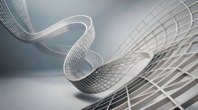 Abstract 3d render of a futuristic metallic grid structure with flowing curves and complex geometric patterns, creating a modern architectural design concept