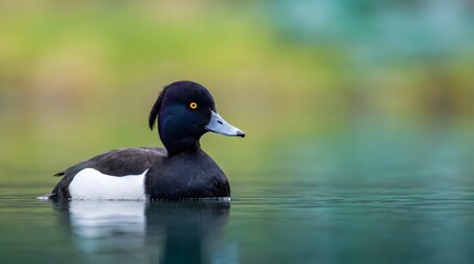 Fototapeta premium Tufted duck floating on a serene pond with soft background waterfowl swimming wildlife floating feathers creature outdoors daylight reflection ornithology background lighting