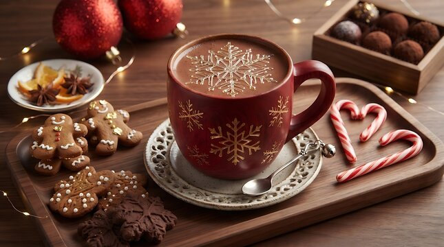 Christmas mug of hot chocolate with whipped cream and cookies on a festive wooden serving tray holiday drink hot cocoa holiday treats winter beverage holiday decoration cozy drink christmas dec