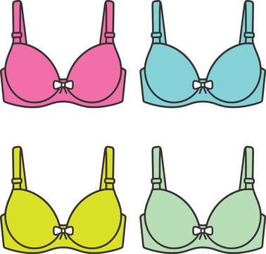 Collection of four colorful padded bras with adjustable straps for lingerie retail fashion stores.