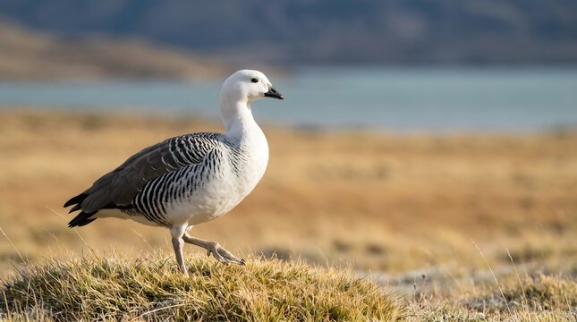 Upland goose standing on a grassy field near a lake with wildlife standing landscape feathers creature outdoors daylight ornithology waterbird shoreline grassland background