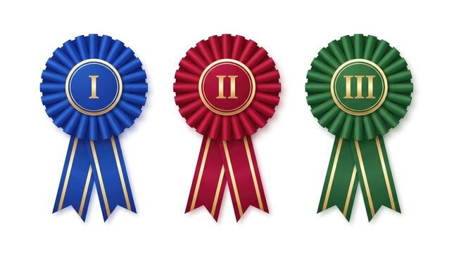 Colorful first second and third place award ribbons featuring golden roman numerals and elegant fabric