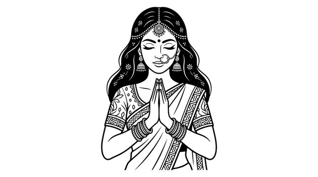 Indian woman in traditional saree making namaste greeting gesture