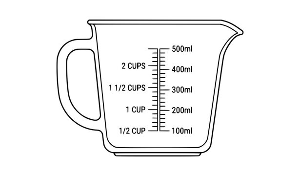 &bull; Glass measuring cup scale line vector outline icon for volume measurement