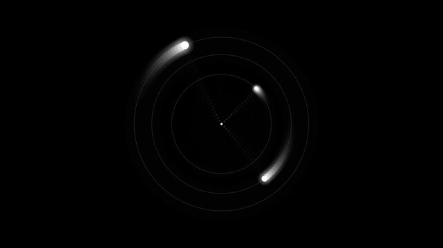 Abstract monochrome orbiting loader animation on a black background