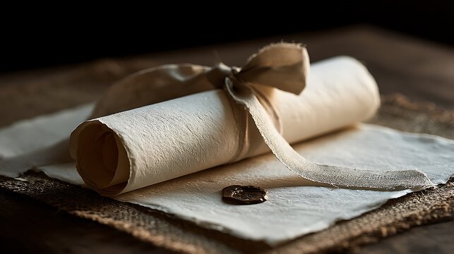 A vintage rolled parchment scroll tied with a ribbon on a wooden table.