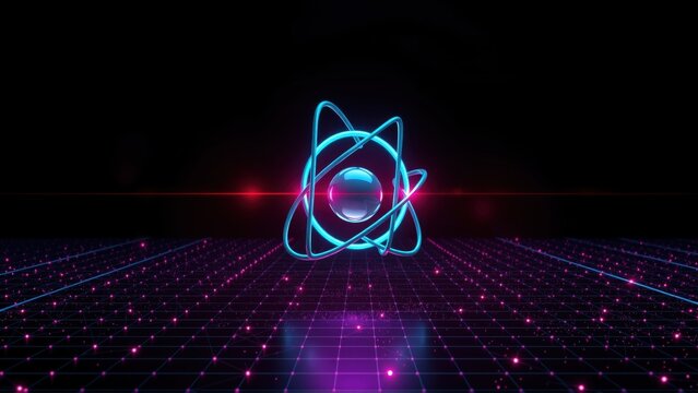 Neon cat head floats above grid landscape. Bright colors contrast dark background. Futuristic, digital aesthetic dominates scene.