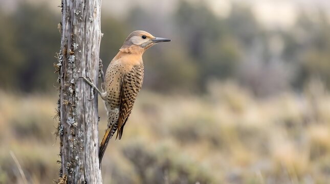 Northern flicker woodpecker perched on a weathered dead tree trunk in a grassland with woodpecker wildlife wilderness environment ornithology creature weathered grassland landscape