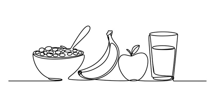 Continuous single line drawing of healthy breakfast with cereal banana and apple
