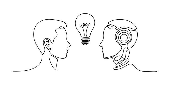 Continuous line drawing Human and robot head profile facing each other with a light bulb idea symbol