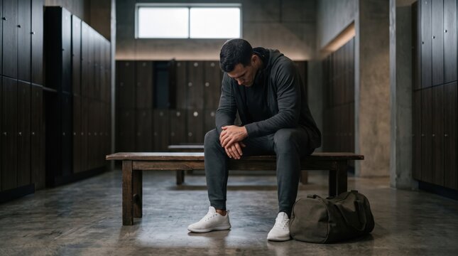 Man seated on bench in locker room, head bowed and hands clasped. Gym bag beside him. Athlete rest and post-workout recovery. Mental health and wellbeing. Fitness and sports wellness.