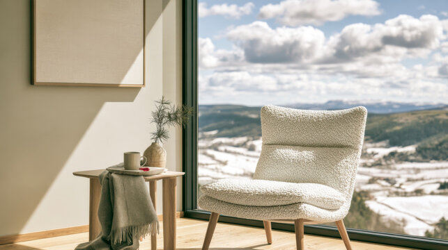 Cozy modern living room interior with fluffy armchair and beautiful snowy winter mountain view through large window
