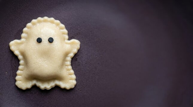 Ghost shaped pasta ravioli on a dark purple plate with copy space