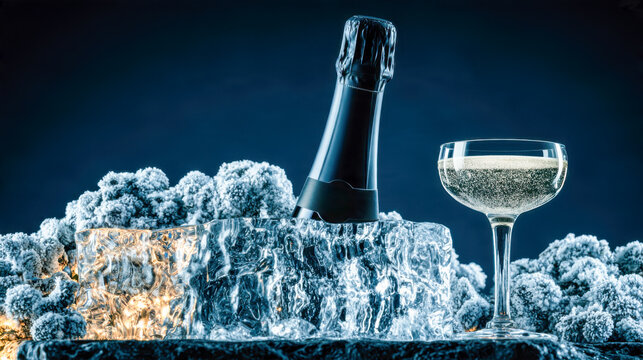 Elegant New Year celebration with champagne bottle chilling in glowing ice block and frosted decorations