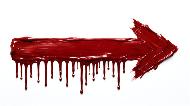 Bright red acrylic paint stroke shaped like directional arrow with thick dripping texture displayed isolated on white background