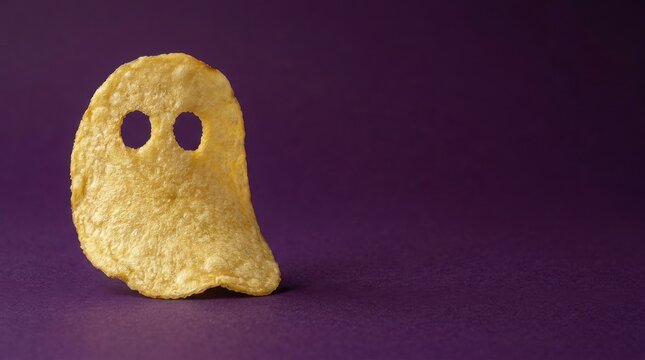 Ghost-shaped potato chip snack isolated on dark purple background