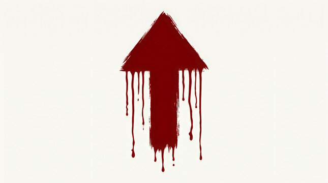 Bold dark red paint arrow symbol with dripping liquid drips flowing downward showcasing a dramatic artistic grunge style illustration on white background