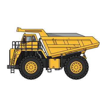 A large yellow mining dump truck, side view, isolated on a white background, ready for heavy-duty construction and earthmoving tasks.