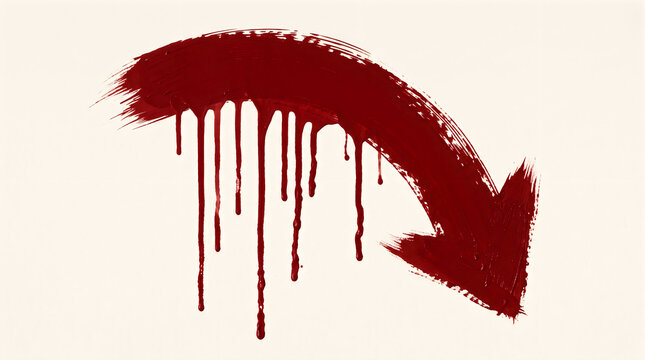 Vibrant red paint stroke curved arrow featuring dripping liquid textures, sharp brush edges, dynamic motion, and artistic expression on white background