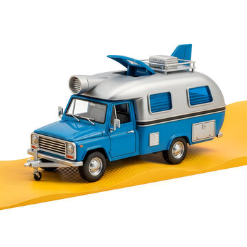 Blue vintage camper van with airplane roof rack