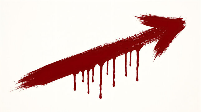 Crimson painted arrow graphic with dramatic dripping paint texture strokes pointing upwards diagonally featured against a plain clean on white background